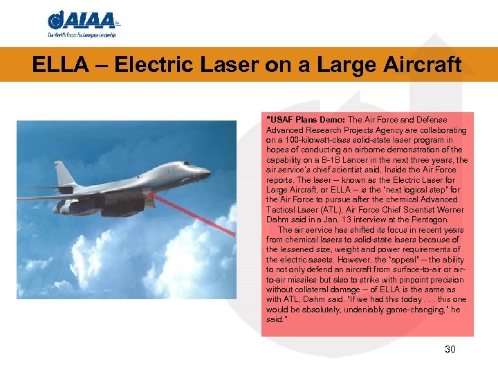 ELLA – Electric Laser on a Large Aircraft "USAF Plans Demo: The Air Force