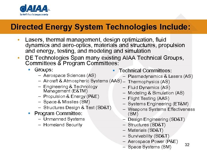 Directed Energy System Technologies Include: • Lasers, thermal management, design optimization, fluid dynamics and