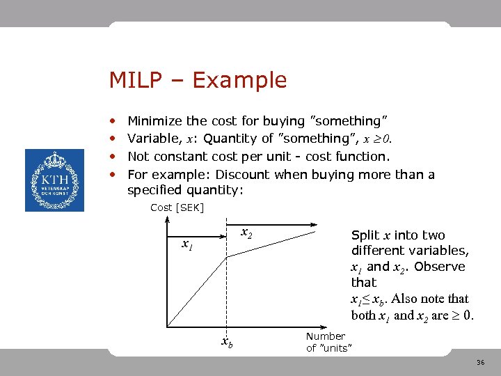 MILP – Example • • Minimize the cost for buying ”something” Variable, x: Quantity