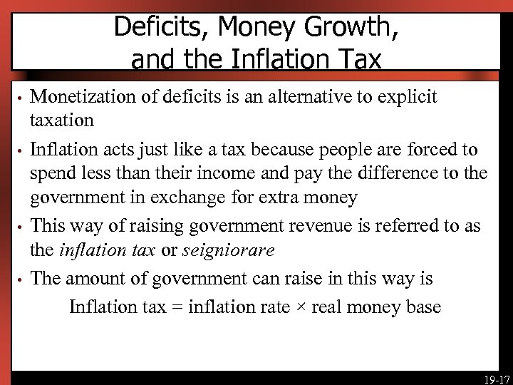 Deficits, Money Growth, and the Inflation Tax • • Monetization of deficits is an