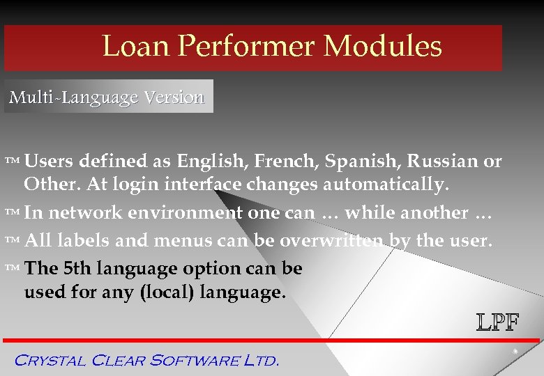 Loan Performer Modules Multi-Language Version ™ Users defined as English, French, Spanish, Russian or