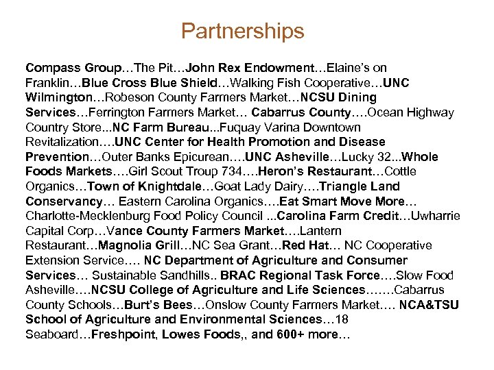 Partnerships Compass Group…The Pit…John Rex Endowment…Elaine’s on Franklin…Blue Cross Blue Shield…Walking Fish Cooperative…UNC Wilmington…Robeson