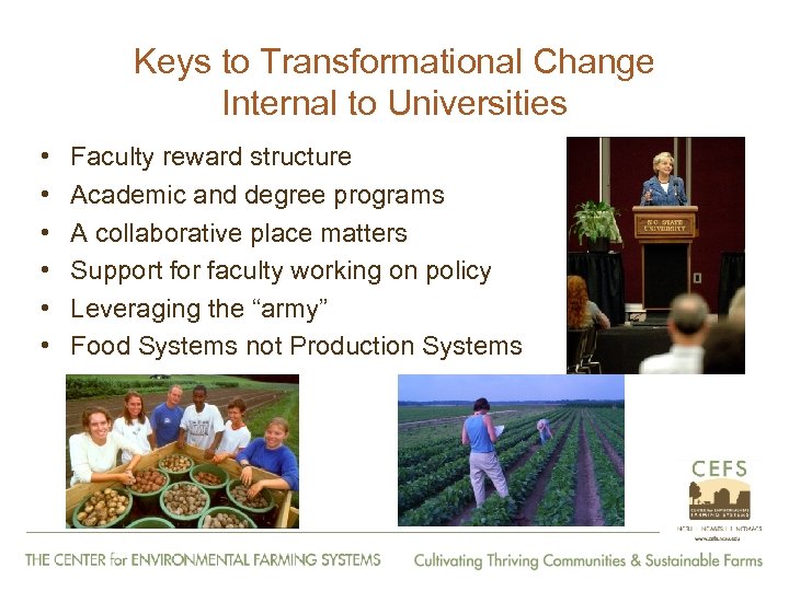 Keys to Transformational Change Internal to Universities • • • Faculty reward structure Academic