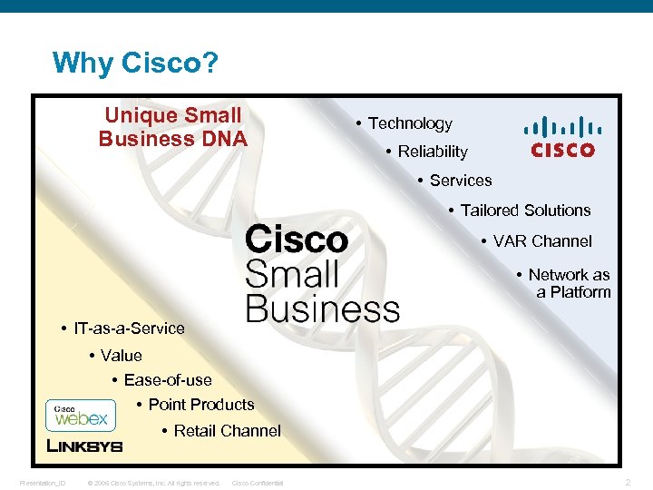 Why Cisco? Unique Small Business DNA • Technology • Reliability • Services • Tailored