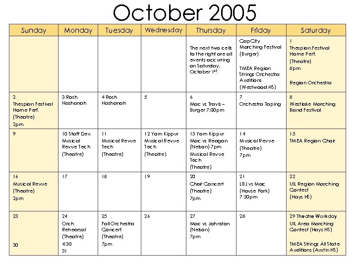 October 2005 Sunday Monday Tuesday Wednesday Thursday The next two cells to the right