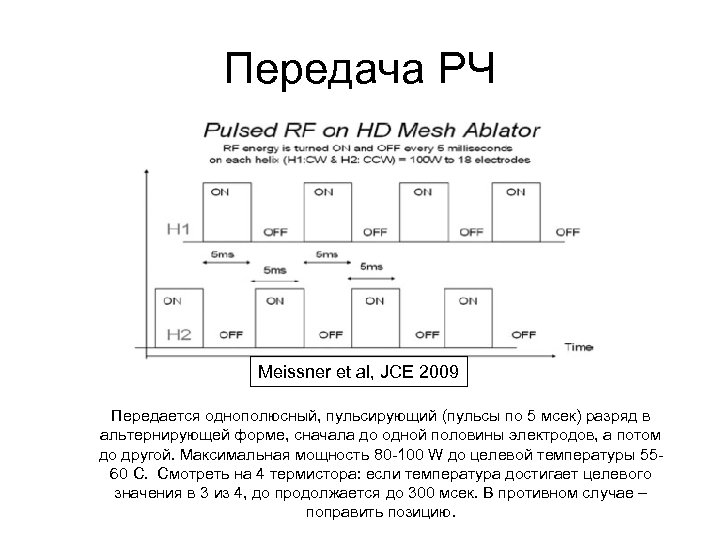 Передача РЧ Meissner et al, JCE 2009 Передается однополюсный, пульсирующий (пульсы по 5 мсек)