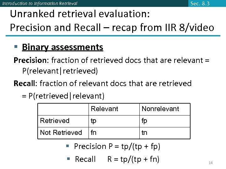 Introduction to Information Retrieval Sec. 8. 3 Unranked retrievaluation: Precision and Recall – recap