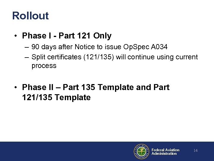 Rollout • Phase I - Part 121 Only – 90 days after Notice to