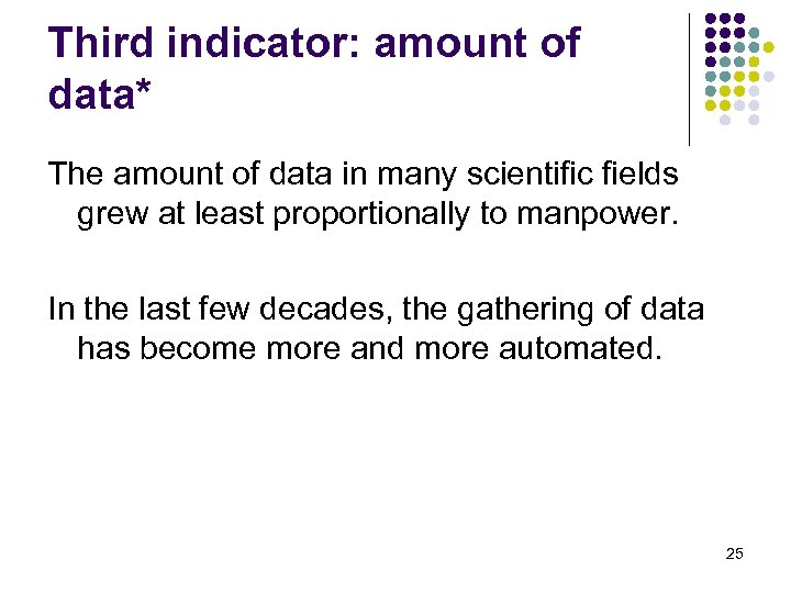 Third indicator: amount of data* The amount of data in many scientific fields grew