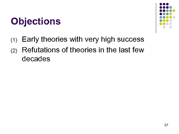 Objections (1) (2) Early theories with very high success Refutations of theories in the