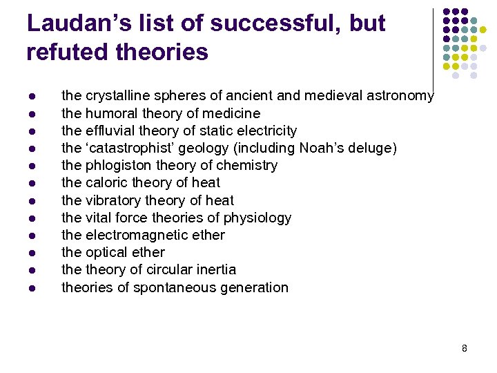 Laudan’s list of successful, but refuted theories l l l the crystalline spheres of