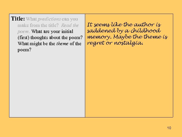 Title: What predictions can you make from the title? Read the poem. What are