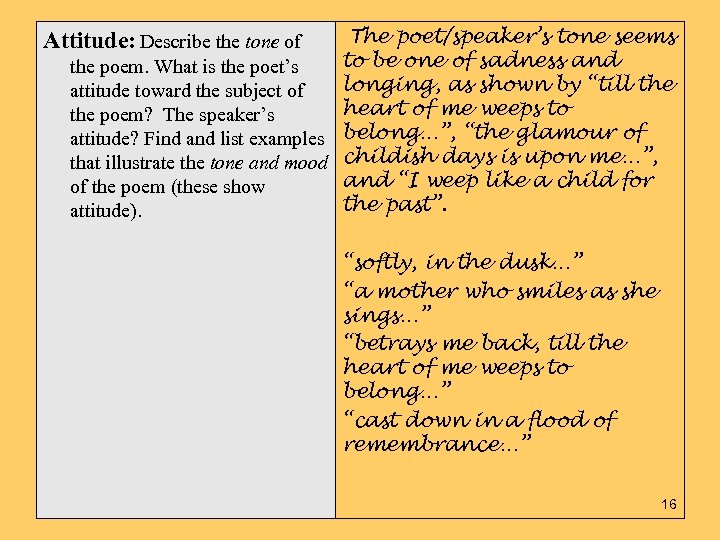 The poet/speaker’s tone seems to be one of sadness and the poem. What is