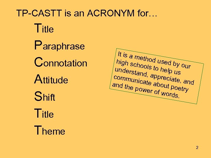 TP-CASTT is an ACRONYM for… Title Paraphrase Connotation Attitude Shift Title Theme It is
