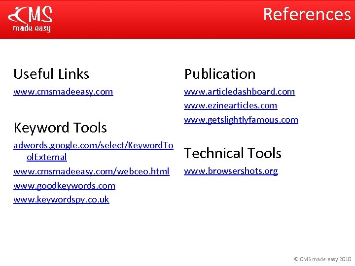 References Useful Links Publication www. cmsmadeeasy. com www. articledashboard. com www. ezinearticles. com www.