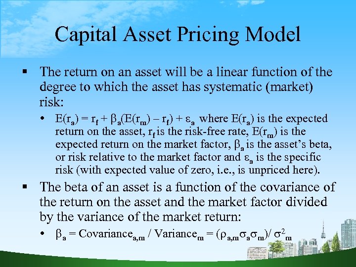 Capital Asset Pricing Model The return on an asset will be a linear function