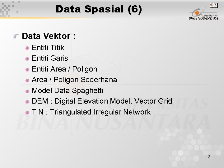 Data Spasial (6) Data Vektor : Entiti Titik Entiti Garis Entiti Area / Poligon