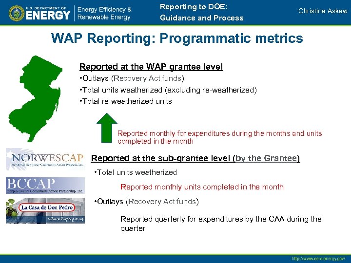 Reporting to DOE: Guidance and Process Christine Askew WAP Reporting: Programmatic metrics Reported at