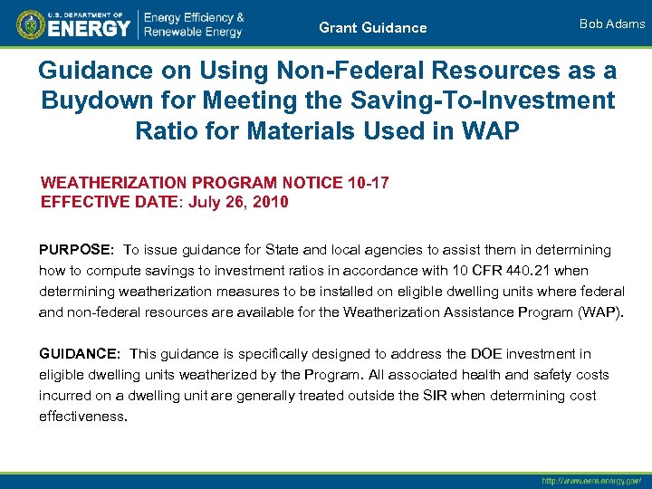 Grant Guidance Bob Adams Guidance on Using Non-Federal Resources as a Buydown for Meeting