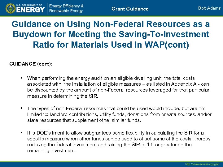 Grant Guidance Bob Adams Guidance on Using Non-Federal Resources as a Buydown for Meeting