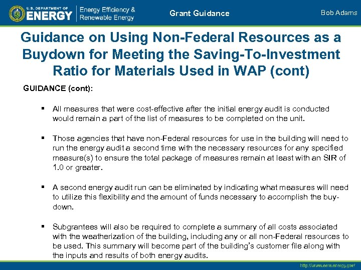 Grant Guidance Bob Adams Guidance on Using Non-Federal Resources as a Buydown for Meeting