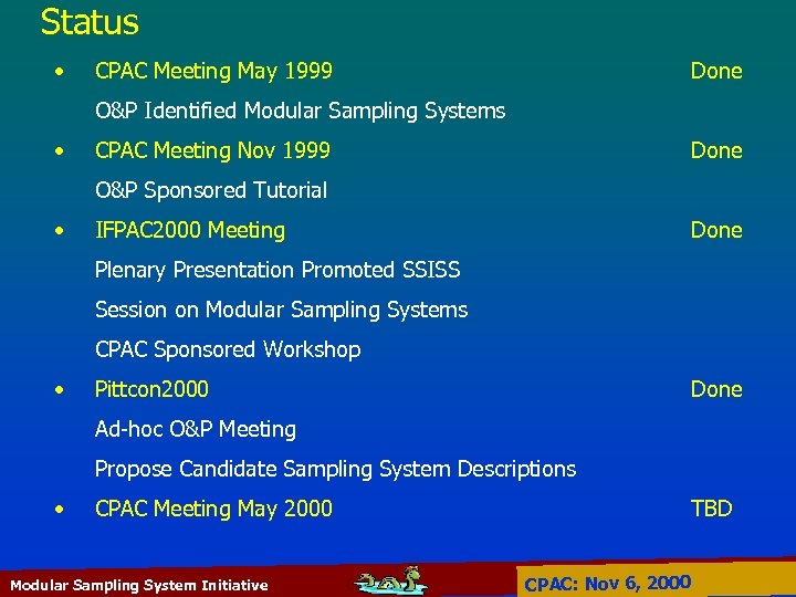 Status • CPAC Meeting May 1999 Done O&P Identified Modular Sampling Systems • CPAC