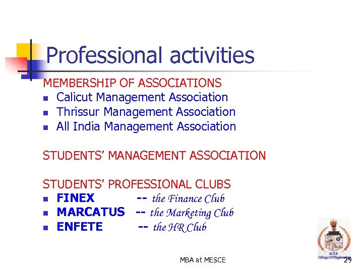 Professional activities MEMBERSHIP OF ASSOCIATIONS n Calicut Management Association n Thrissur Management Association n