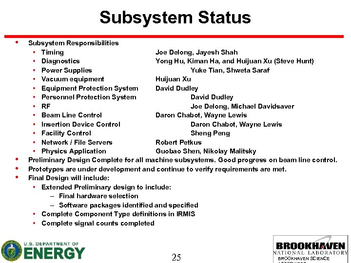 Subsystem Status • • Subsystem Responsibilities • Timing Joe Delong, Jayesh Shah • Diagnostics