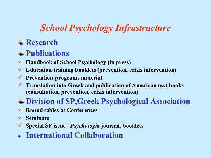 School Psychology Infrastructure Research Publications ü ü Handbook of School Psychology (in press) Education-training