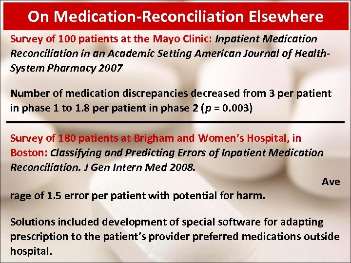 On Medication-Reconciliation Elsewhere Survey of 100 patients at the Mayo Clinic: Inpatient Medication Reconciliation