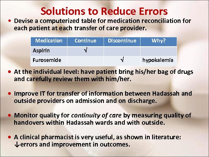 Solutions to Reduce Errors • Devise a computerized table for medication reconciliation for each