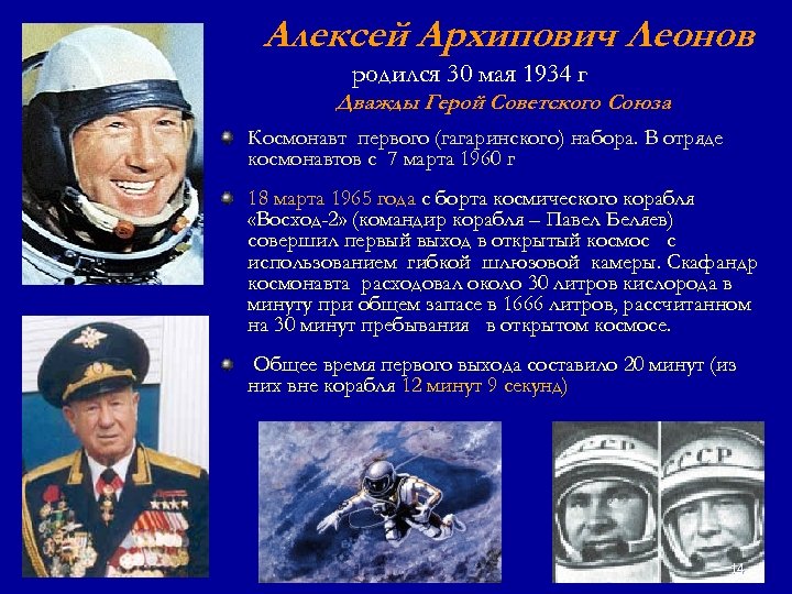 Алексей Архипович Леонов родился 30 мая 1934 г Дважды Герой Советского Союза Космонавт первого
