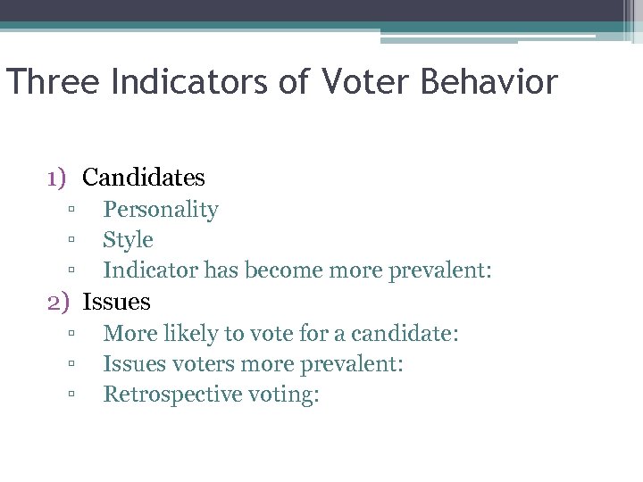 Three Indicators of Voter Behavior 1) Candidates ▫ ▫ ▫ Personality Style Indicator has