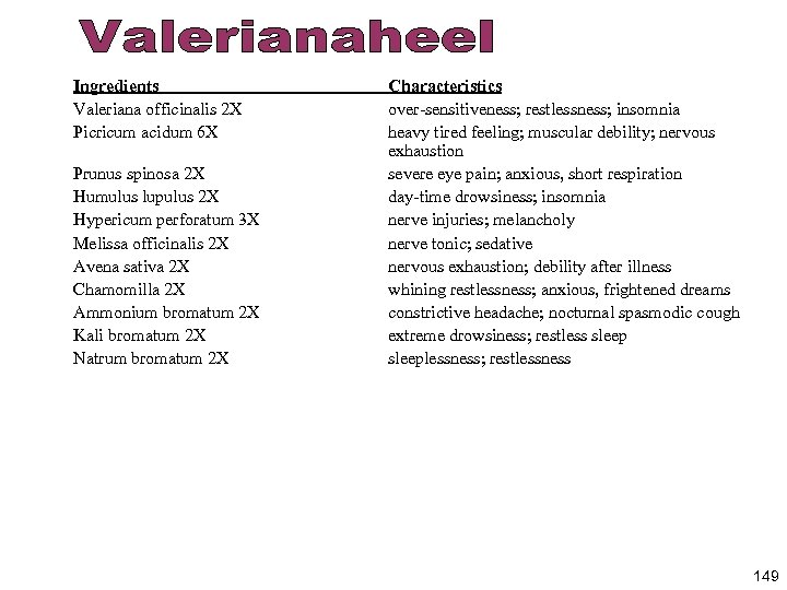Ingredients Valeriana officinalis 2 X Picricum acidum 6 X Prunus spinosa 2 X Humulus