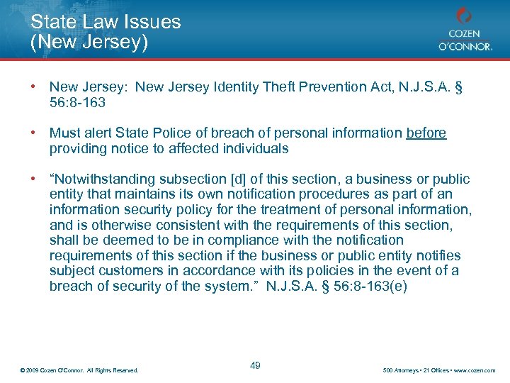 State Law Issues (New Jersey) • New Jersey: New Jersey Identity Theft Prevention Act,