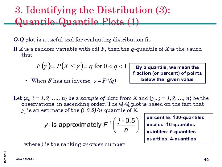 3. Identifying the Distribution (3): Quantile-Quantile Plots (1) Q-Q plot is a useful tool