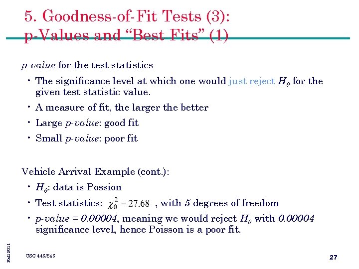 5. Goodness-of-Fit Tests (3): p-Values and “Best Fits” (1) p-value for the test statistics
