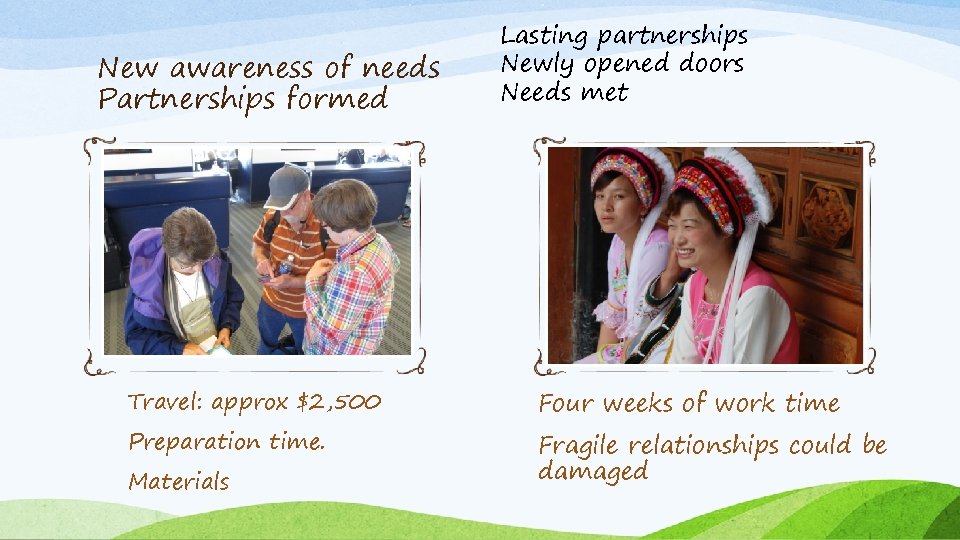 New awareness of needs Partnerships formed Travel: approx $2, 500 Preparation time. Materials Lasting