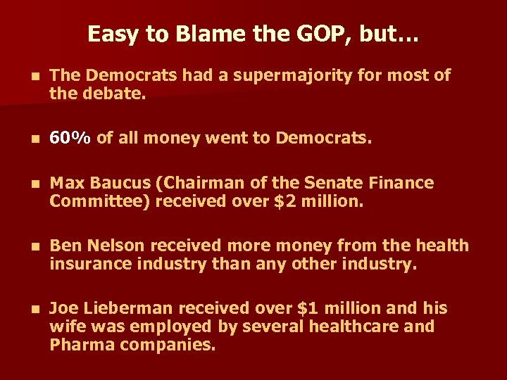 Easy to Blame the GOP, but… n The Democrats had a supermajority for most