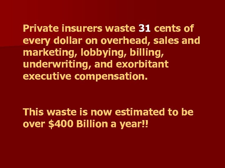 Private insurers waste 31 cents of every dollar on overhead, sales and marketing, lobbying,