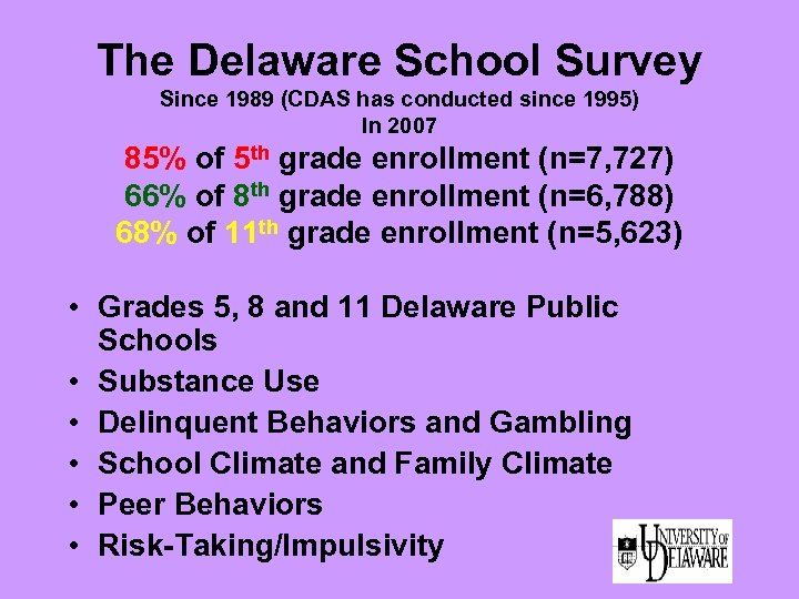 The Delaware School Survey Since 1989 (CDAS has conducted since 1995) In 2007 85%