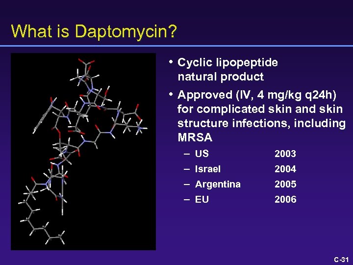 What is Daptomycin? • Cyclic lipopeptide natural product • Approved (IV, 4 mg/kg q