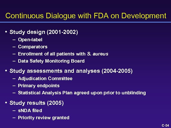 Continuous Dialogue with FDA on Development • Study design (2001 -2002) – – Open-label