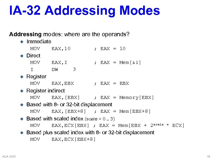 IA-32 Addressing Modes Addressing modes: where are the operands? u u u u ACA