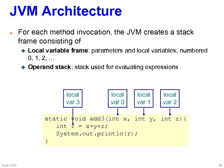 JVM Architecture n For each method invocation, the JVM creates a stack frame consisting