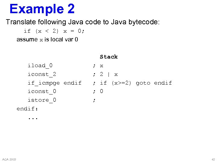 Example 2 Translate following Java code to Java bytecode: if (x < 2) x