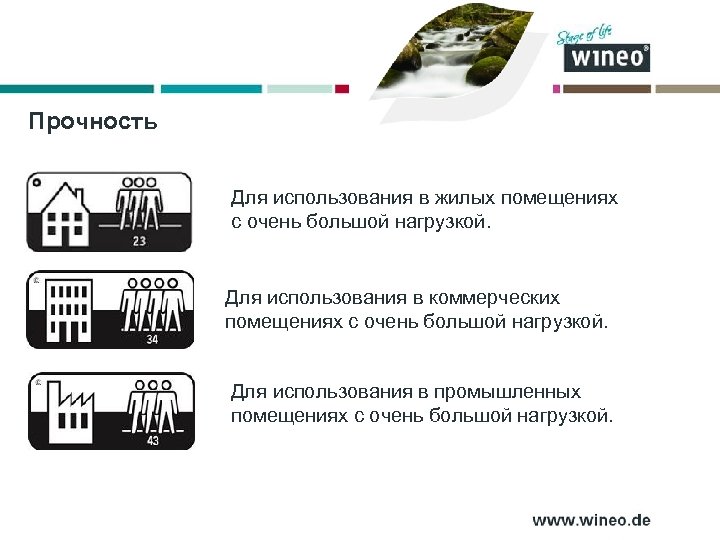Прочность Для использования в жилых помещениях с очень большой нагрузкой. Для использования в коммерческих