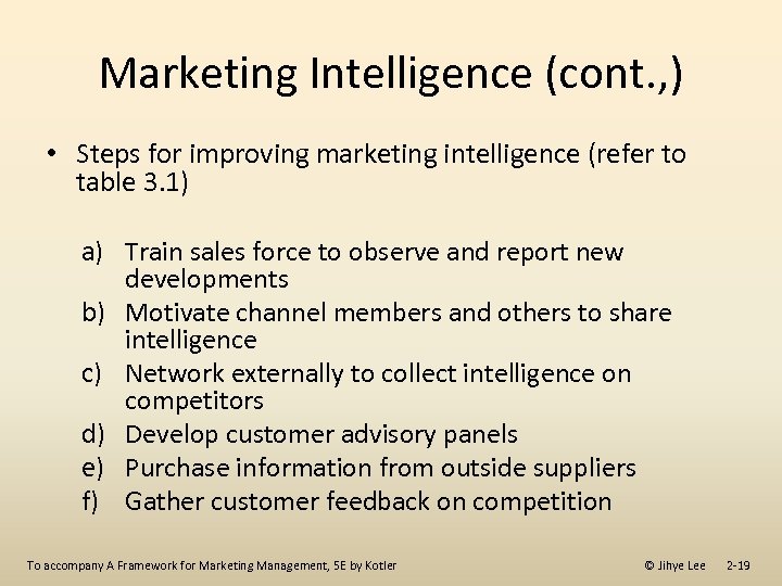 Marketing Intelligence (cont. , ) • Steps for improving marketing intelligence (refer to table