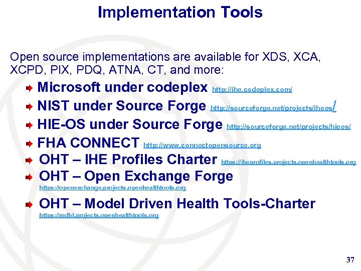 Implementation Tools Open source implementations are available for XDS, XCA, XCPD, PIX, PDQ, ATNA,