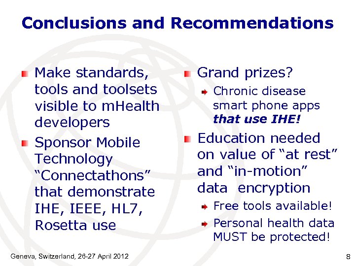 Conclusions and Recommendations Make standards, tools and toolsets visible to m. Health developers Sponsor